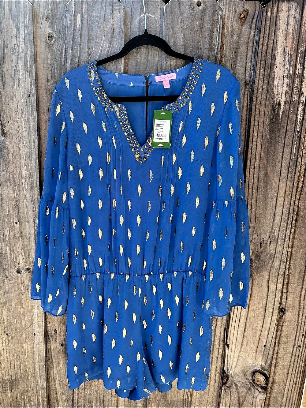 Lilly Pulitzer Blue Printed Long Sleeve Romper Size large-silk NWT